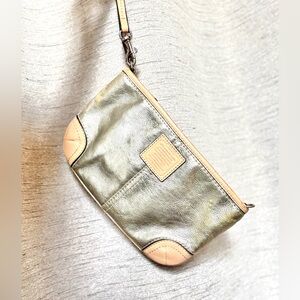 Coach Silver Metallic and Tan Leather Handbag / Wristlet - Larger size 9.5” x 6”